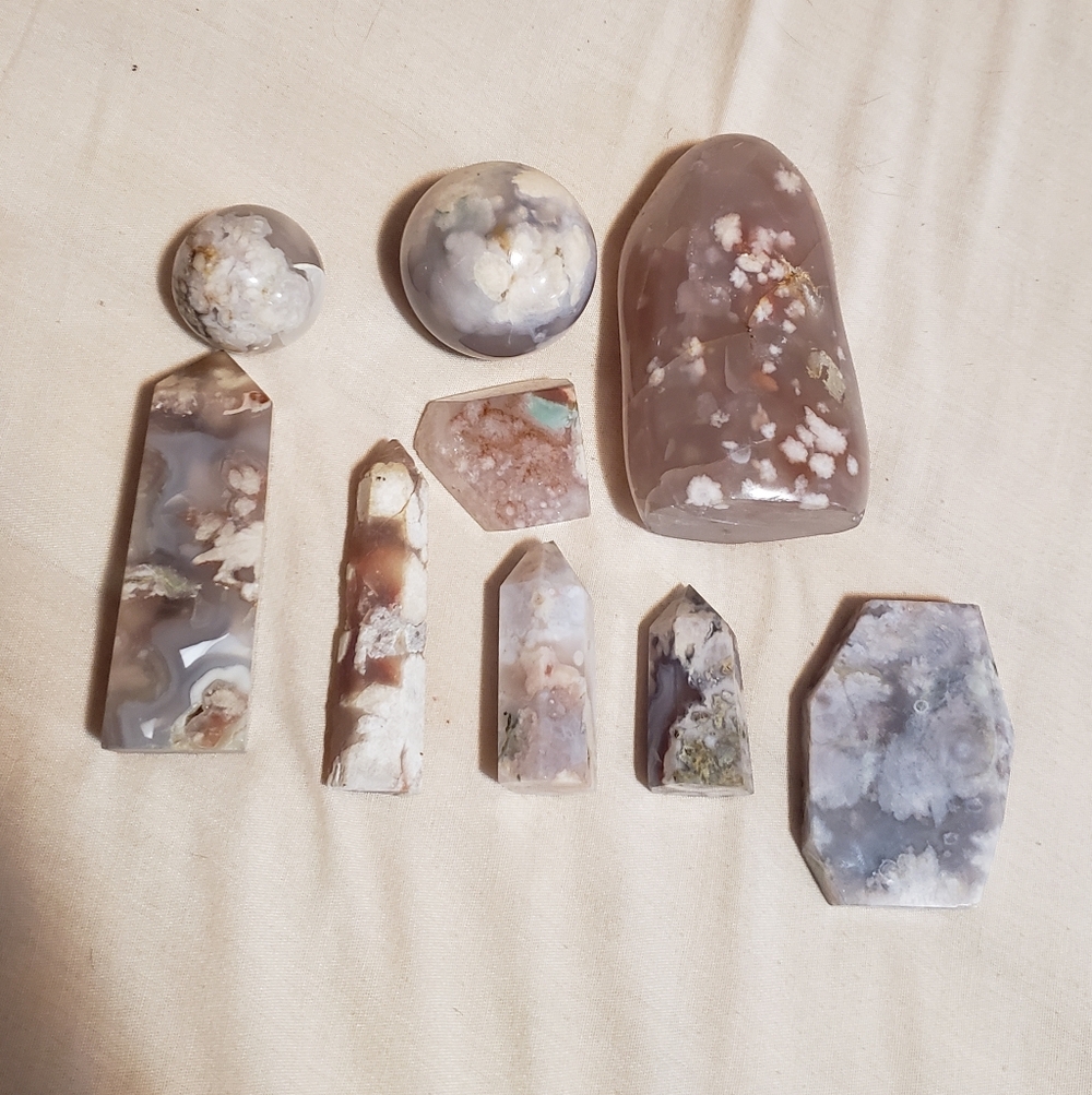 Assortment Of Cherry/Flower Agate Freeforms / Towers & Spheres